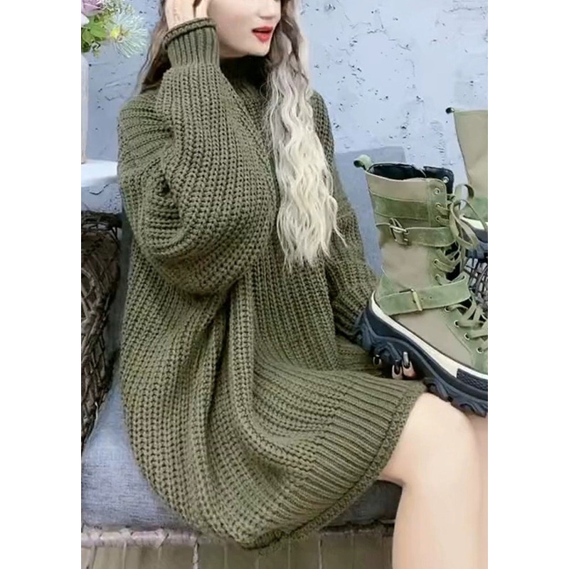 Stylish Green Hign Neck Thick Patchwork Knit Sweaters Fall