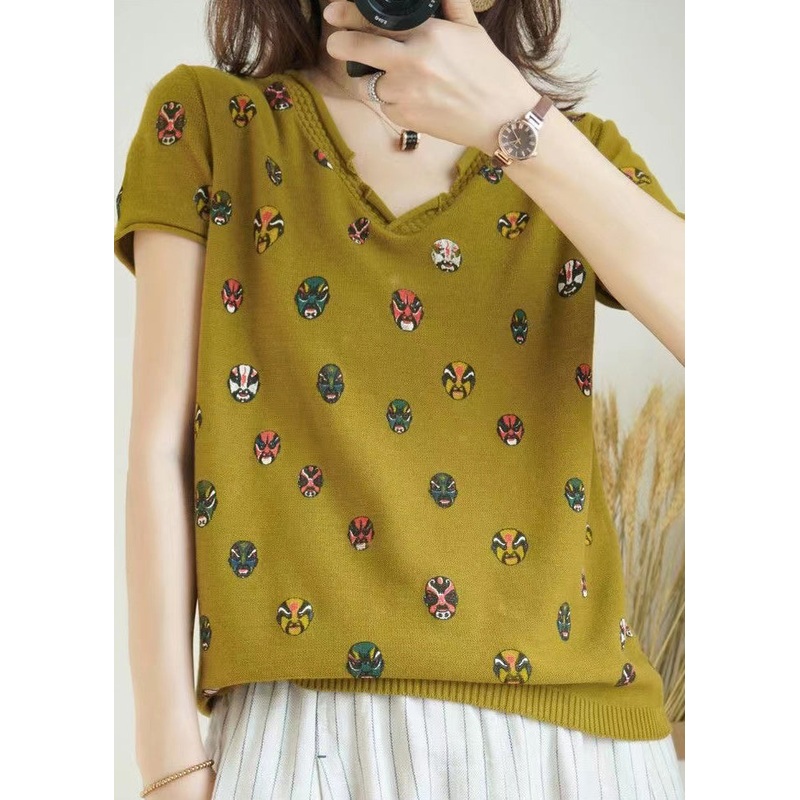 Unique Yellow V Neck Print Cotton Knit Top Short Sleeve