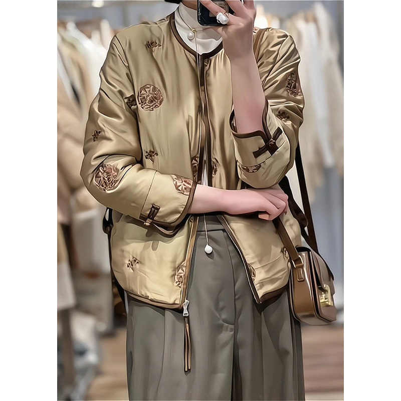 Vintage Coffee Embroideried Fine Cotton Filled Winter Coats