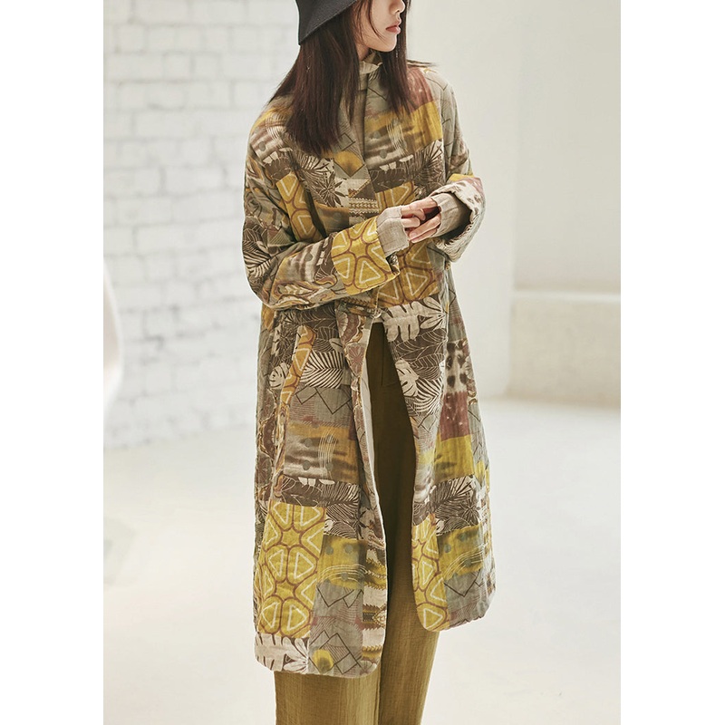 Vintage Coffee Yellow Pockets Print Chinese Button Fine Cotton Filled Coat Winter