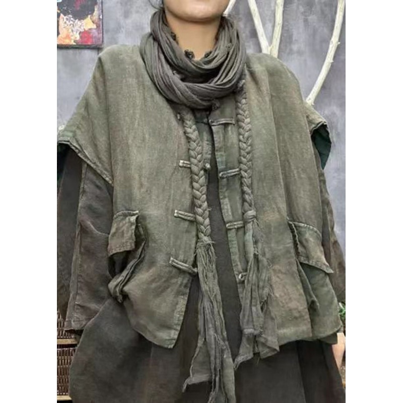 Vintage Green Stand Collar Pockets Chinese Button Cotton Vest Fall