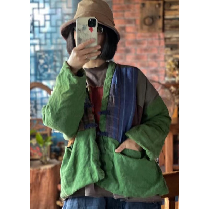 Vintage Green V Neck Pockets Patchwork Fine Cotton Filled Jackets Winter