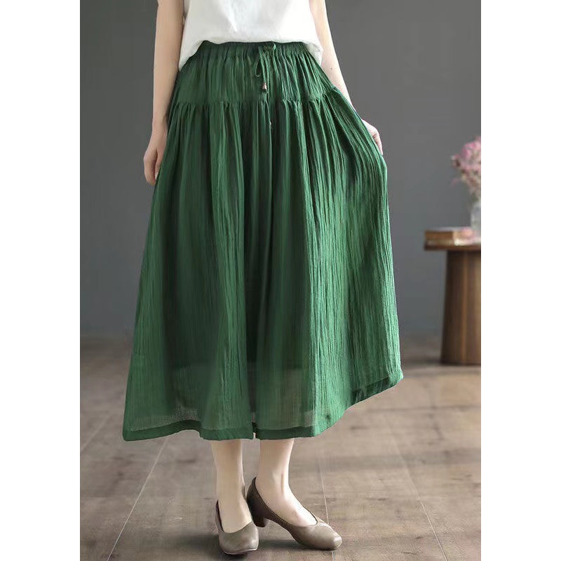 Vintage Green Wrinkled Elastic Waist Patchwork Cotton Skirt Summer