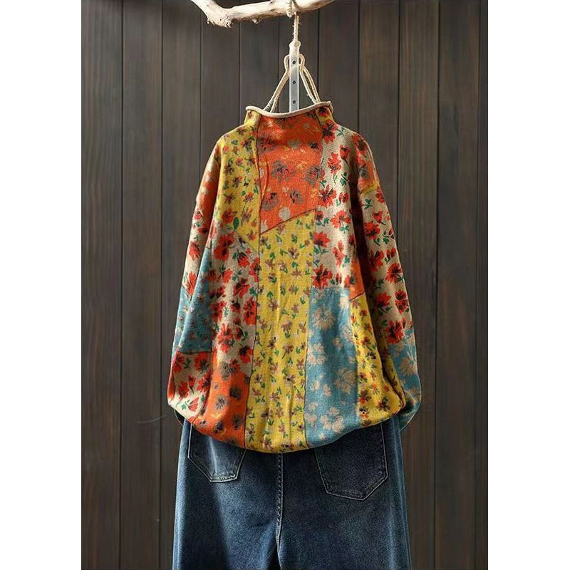 Vintage Khaki Half Hign Neck Print Cotton Knit Sweaters Fall