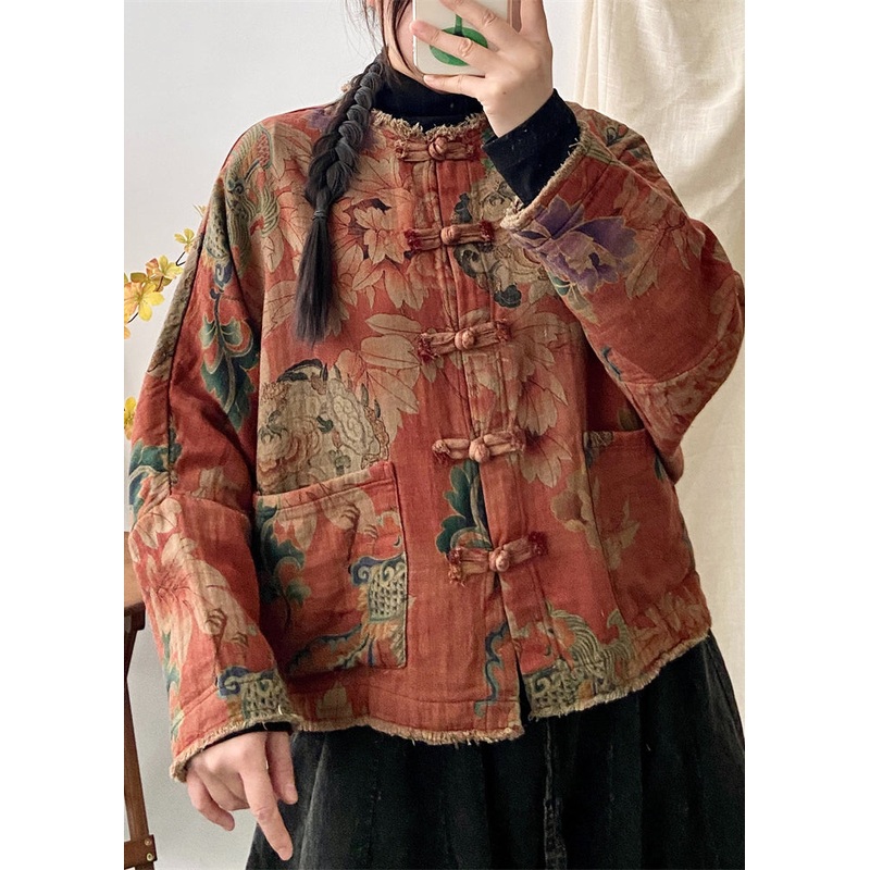 Vintage Orange Print Pockets Chinese Button Patchwork Cotton Coat Fall