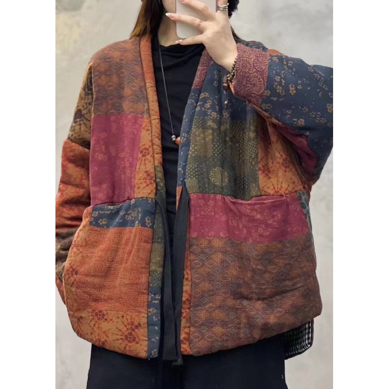 Vintage Orange V Neck Pockets Patchwork Fine Cotton Filled Jackets Winter