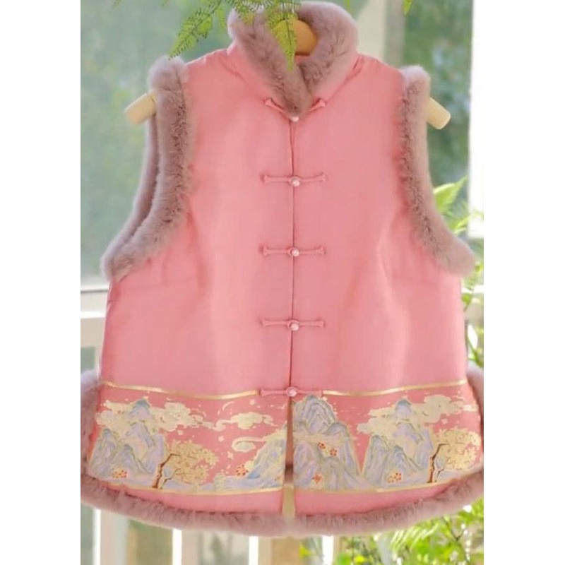 Vintage Pink Stand Collar Button Teddy Patchwork Cotton Filled Vest Sleeveless