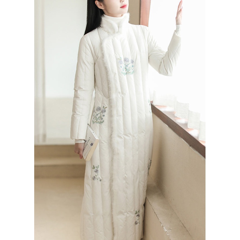 Vintage White Embroideried Patchwork Mink Hair Duck Down Puffer Coats Winter