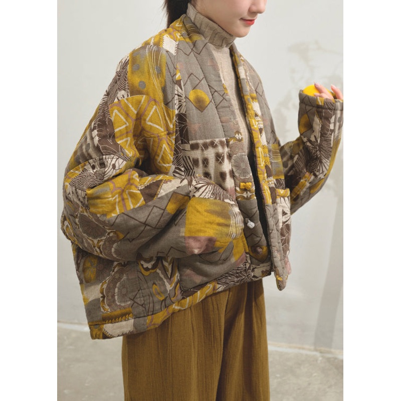 Vintage Yellow Print Pockets Patchwork Fine Cotton Filled Jackets Batwing Sleeve