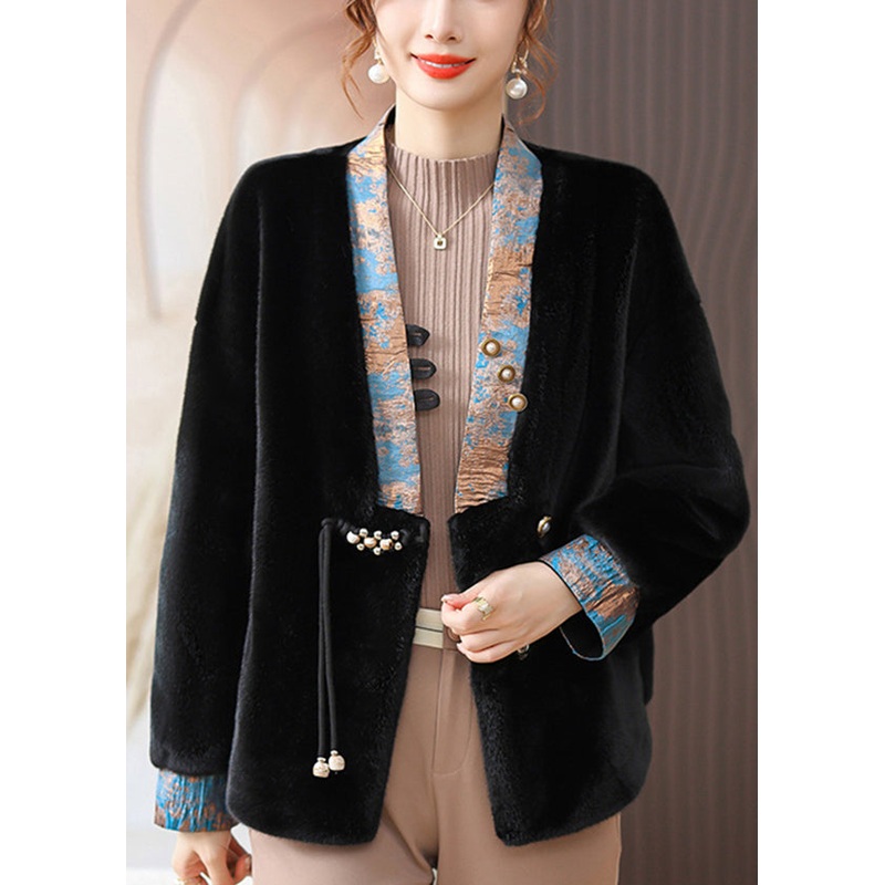 Women Black V Neck Pockets Patchwork Mink Hair Coats Fall