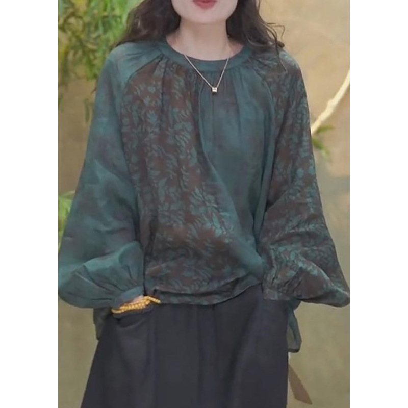 Women Blackish Green O Neck Print Cotton Top Lantern Sleeve