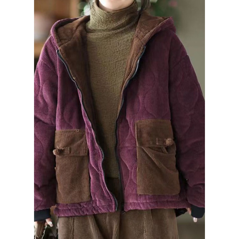 Women Purple Hooded Pockets Corduroy Fleece Wool Lined Jacket Winter