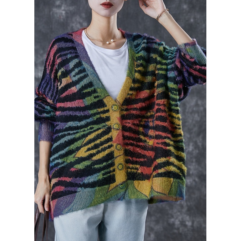 Women Rainbow Oversized Striped Knit Cardigan Winter