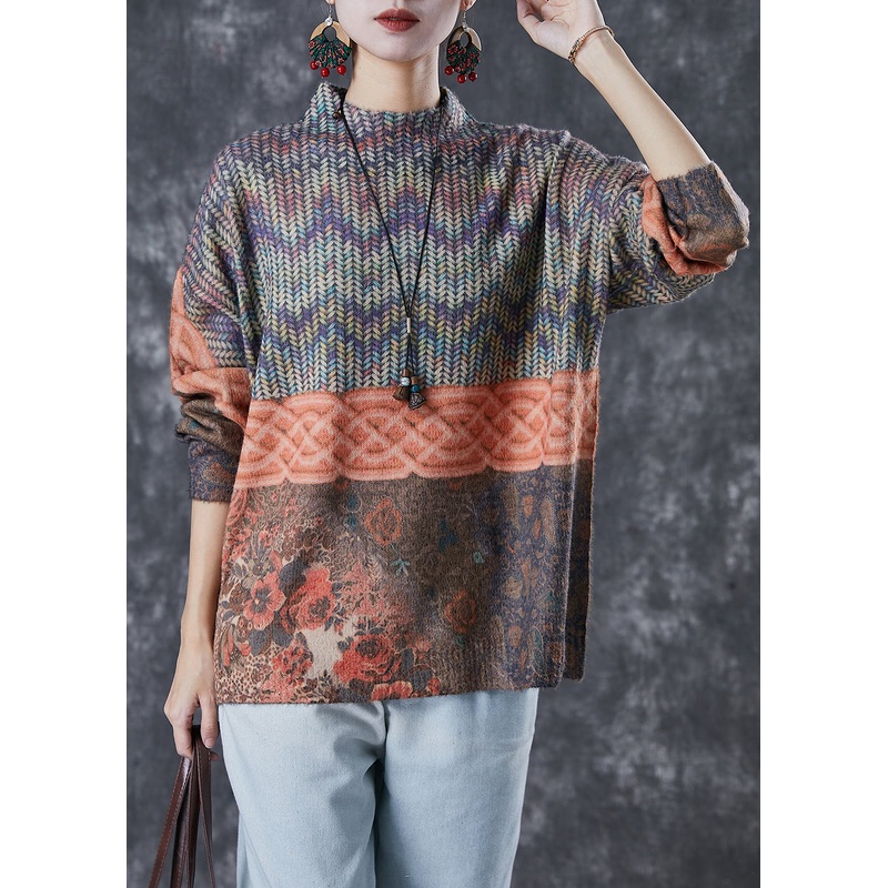 Women Stand Collar Print Warm Knitted Tops Winter