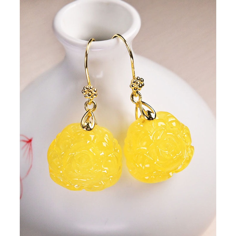 Women Yellow 14K Gold Amber Beeswax Floral Drop Earrings