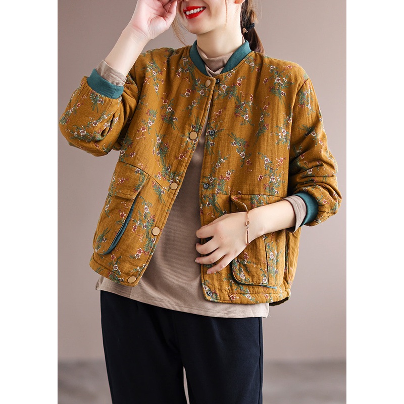 Yellow Pockets Print Patchwork Fine Cotton Filled Jacket Winter