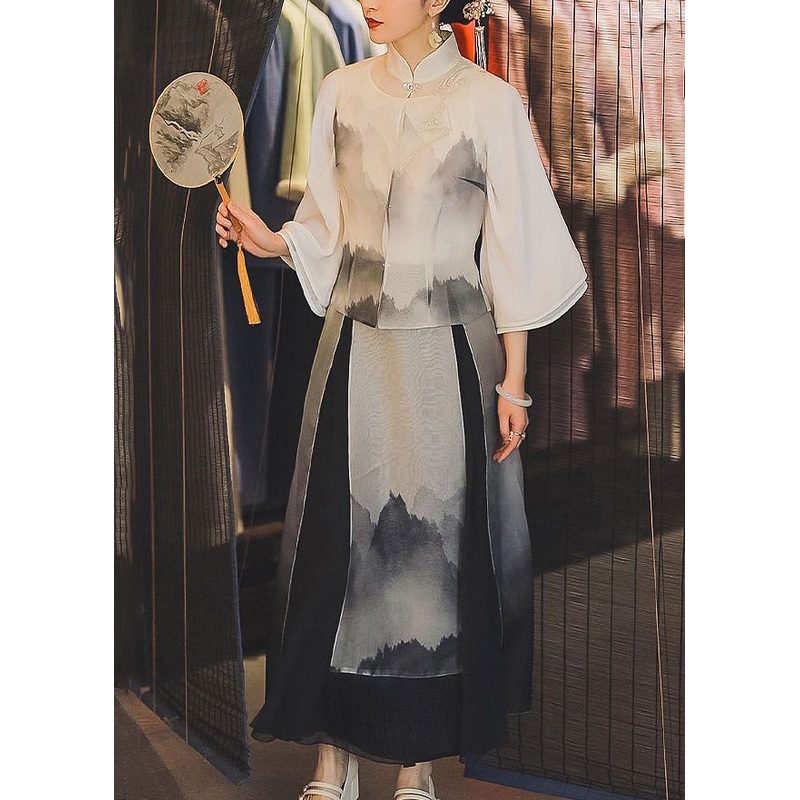 2023 Autumn New Chinese Landscape Printing Stand Collar Two Piece Set