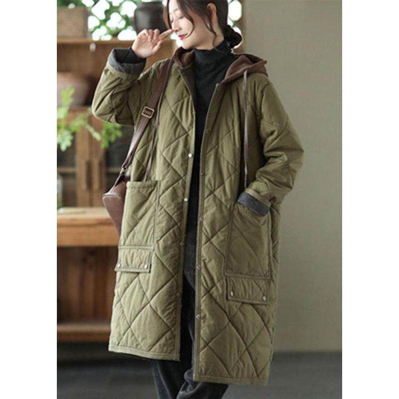 Army Green Pockets Button Thick Hooded Parka Long Sleeve