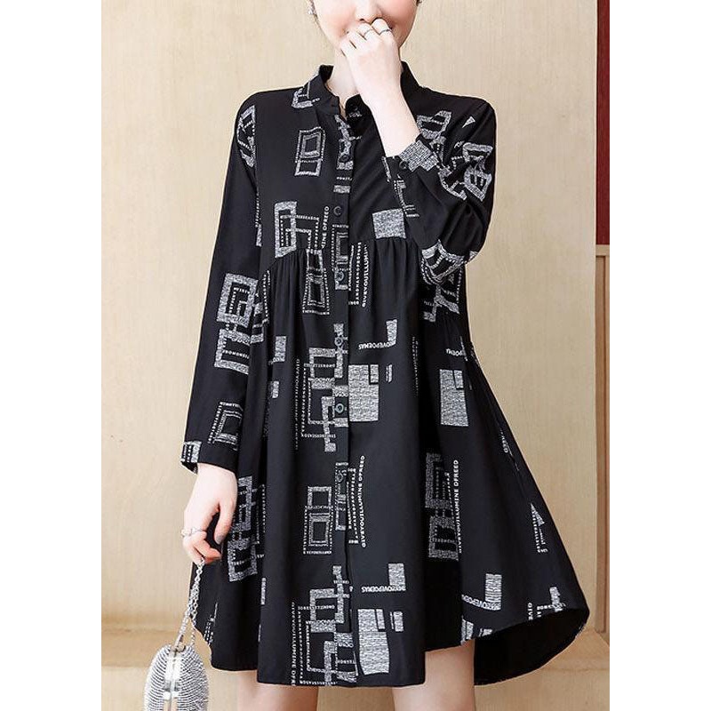 Art Black Stand Collar Patchwork Wrinkled Long Blouse Top Fall
