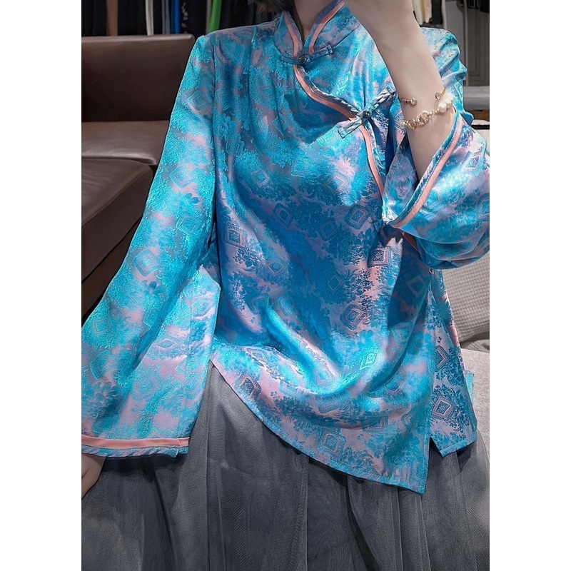 Art Blue Stand Collar Oversized Jacquard Silk Blouses Fall
