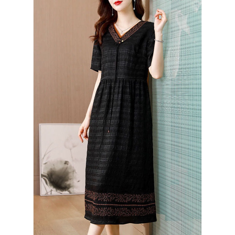 Beautiful Black V Neck Wrinkled Silk Long Dress Summer