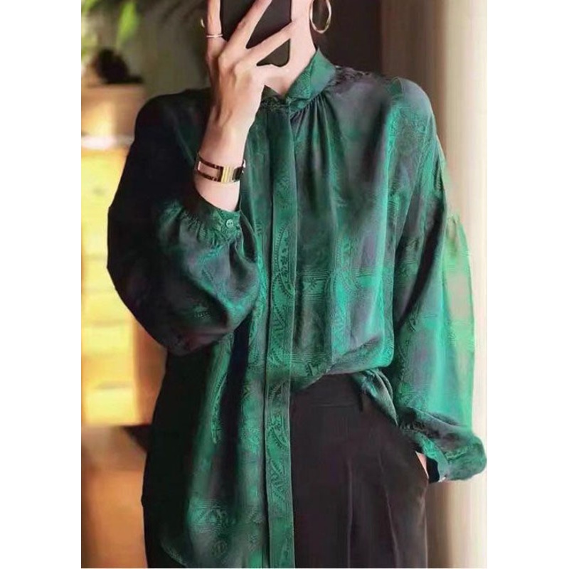 Beautiful Green Stand Collar Patchwork Jacquard Silk Blouses Fall