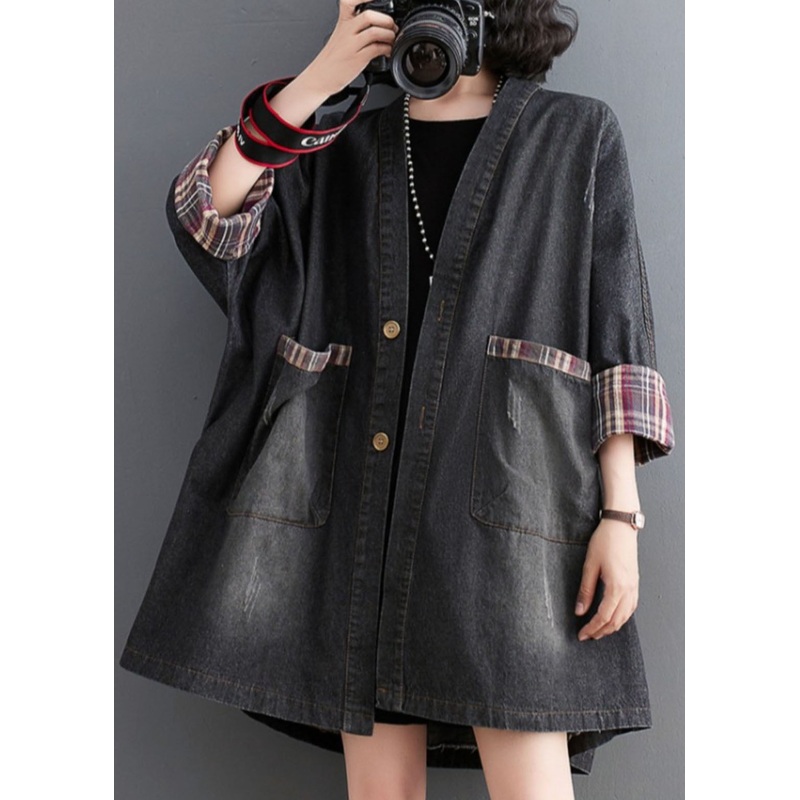 Black Pockets Button Low High Design Denim Trench Coat Fall