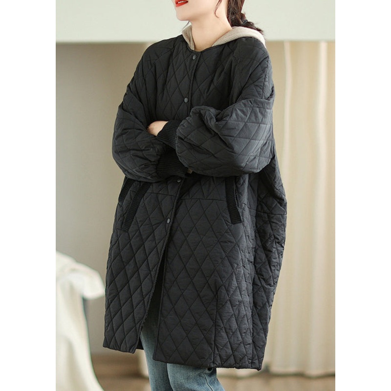 Black Pockets Loose Fine Cotton Filled Puffer Coat Hooded Winter