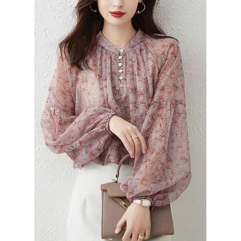 Bohemian Pink Stand Collar Print Chiffon Shirt Top Lantern Sleeve