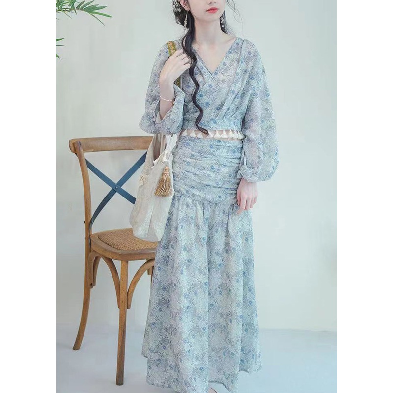Boho Blue V Neck Print Top And Skirts Two-Piece Set Fall