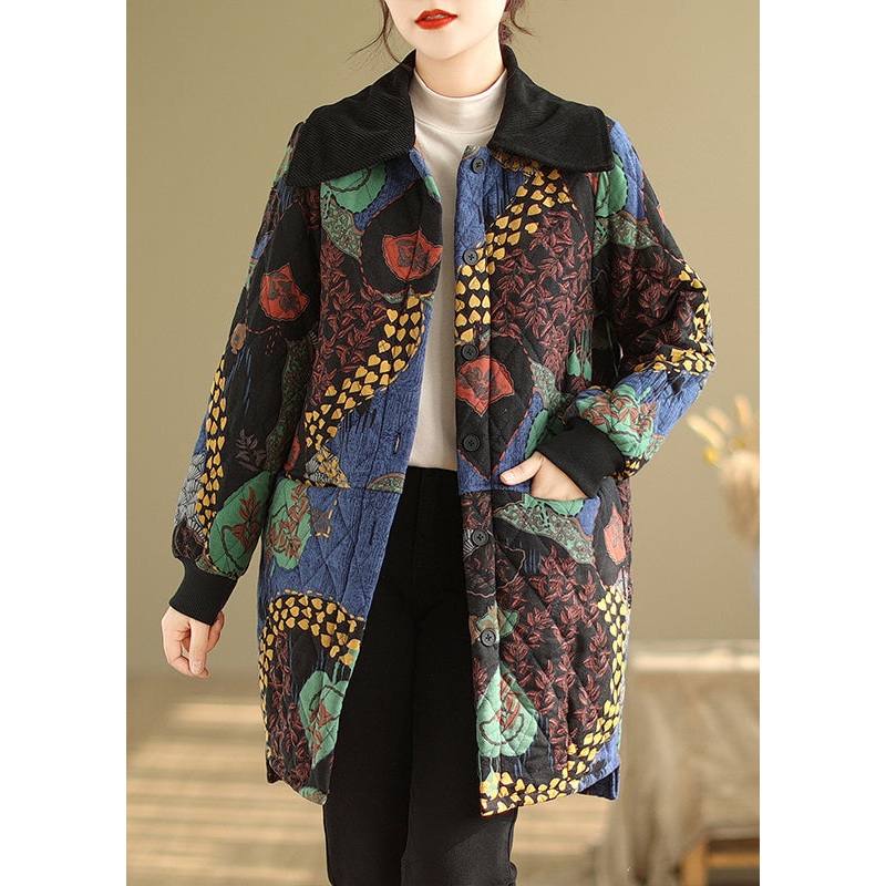 Boho Floral Pockets Thick Warm Fine Cotton Filled Coat Winter