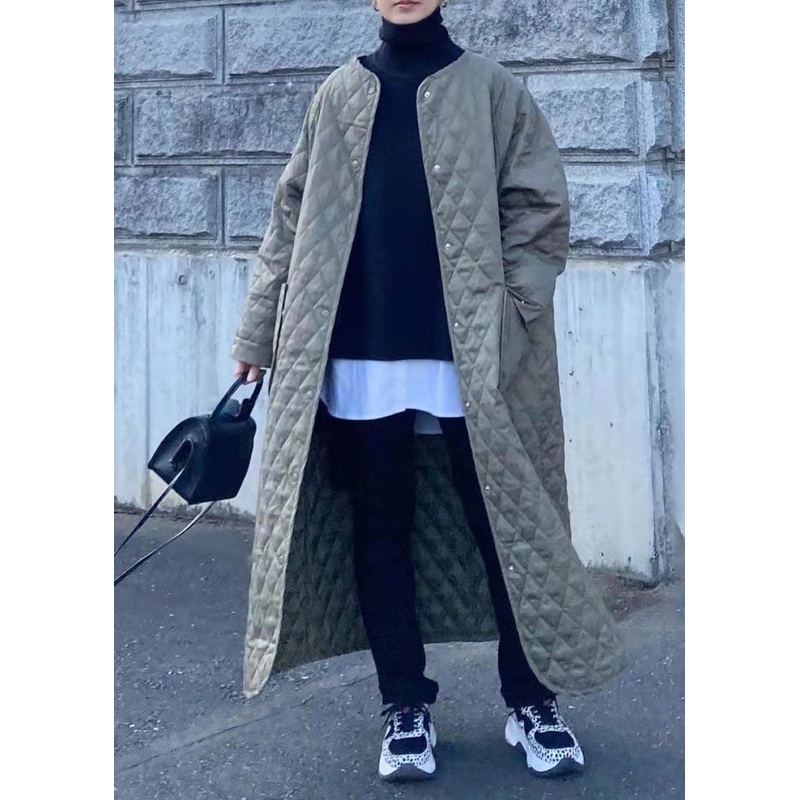 Boho Green Pockets Plaid Patchwork Thick Cotton Filled Long Parka Winter