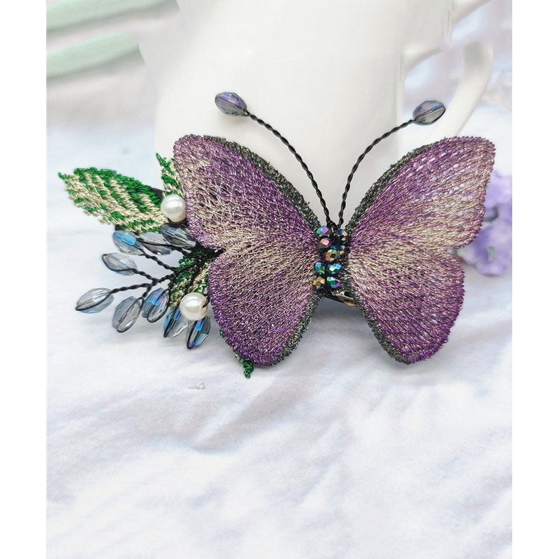 Boho Purple Crystal Pearl Butterfly Embroidery Duckbilled Hairpin
