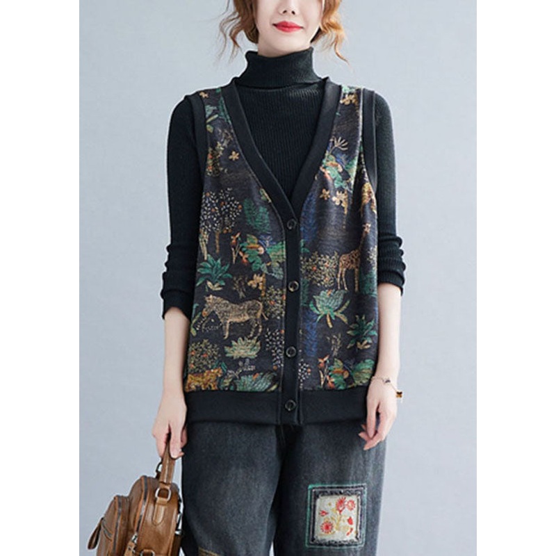 Boho V Neck Print Button Warm Fleece Waistcoatt Winter