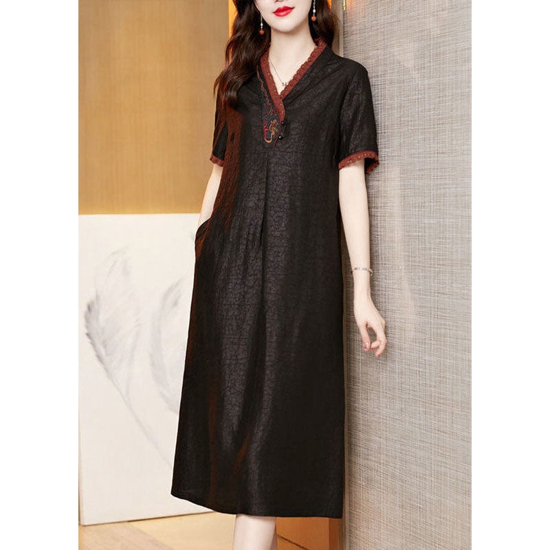 Boutique Black V Neck Embroideried Patchwork Silk Dresses Summer
