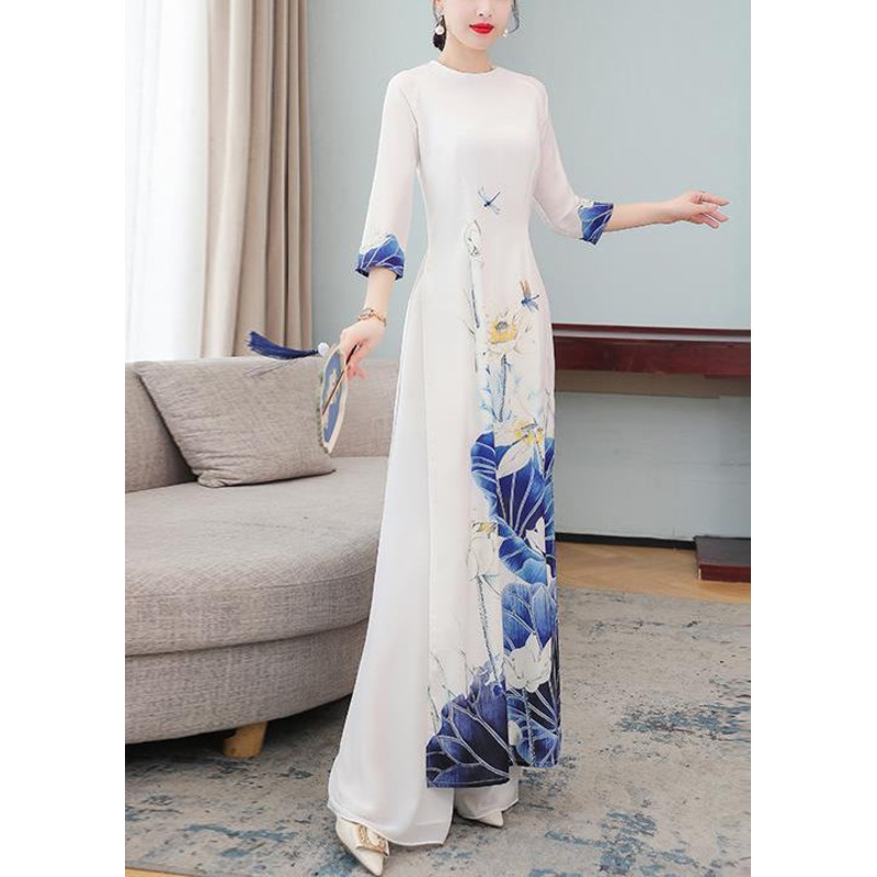 Boutique White O-Neck Print Side Open Two Pieces Set Fall