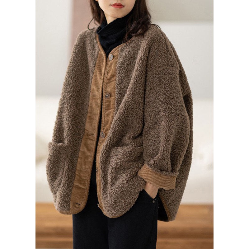 Casual Coffee O-Neck Pockets Button Warm Faux Fur Coats Long Sleeve