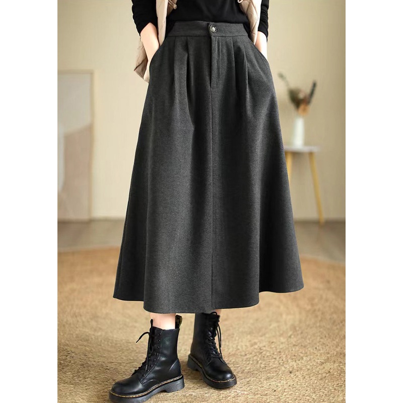 Casual Dull Grey Elastic Waist Thick Woolen Skirts Spring