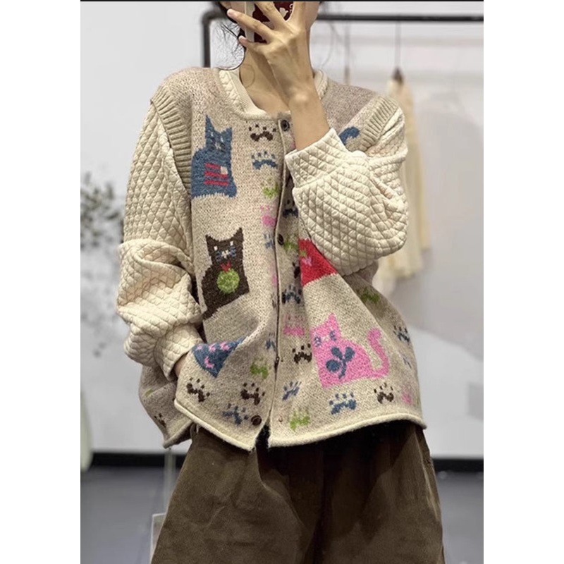 Casual Loose Apricot O Neck Button Animal Print Knit Vest Sleeveless