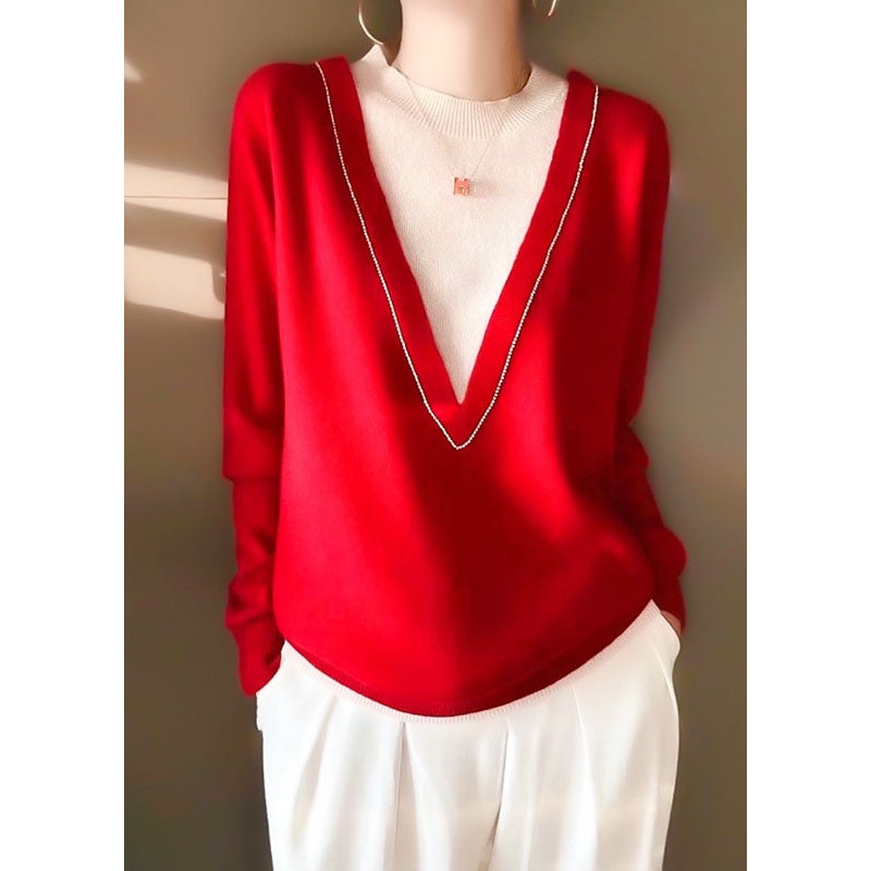 Casual Red Nail Bead Patchwork Fake Two Pieces Wool Knit Sweater Long Sleeve
