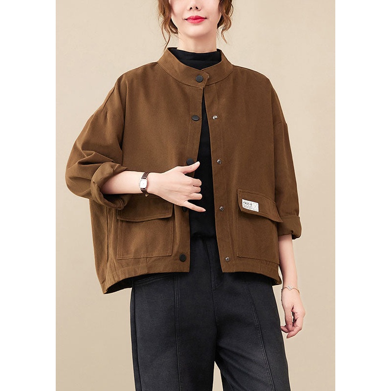Chic Coffee Pockets Patchwork Button Coats Fall