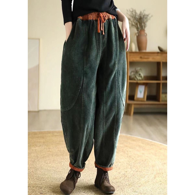 Chic Green Oversized Pockets Warm Fleece Corduroy Harem Pants Winter