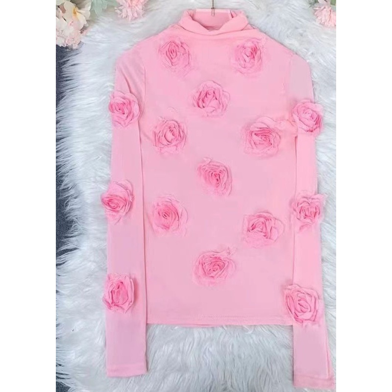 Chic Pink Turtleneck Floral Tulle Top Long Sleeve