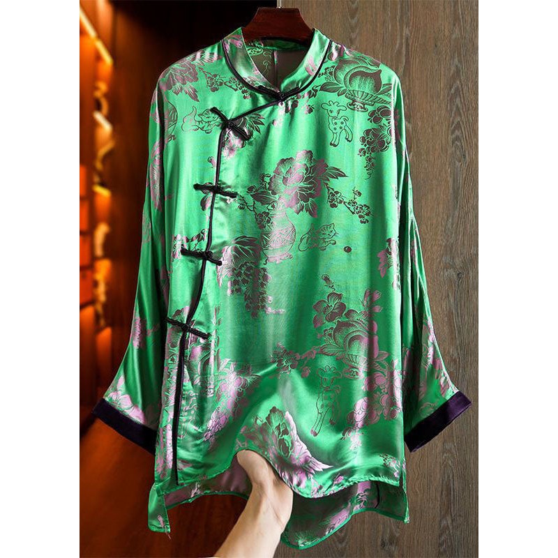 Chinese Style Green Low High Design Jacquard Silk Shirt Tops Fall