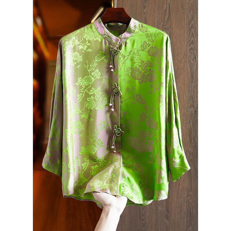 Chinese Style Green Stand Collar Jacquard Silk Shirt Fall