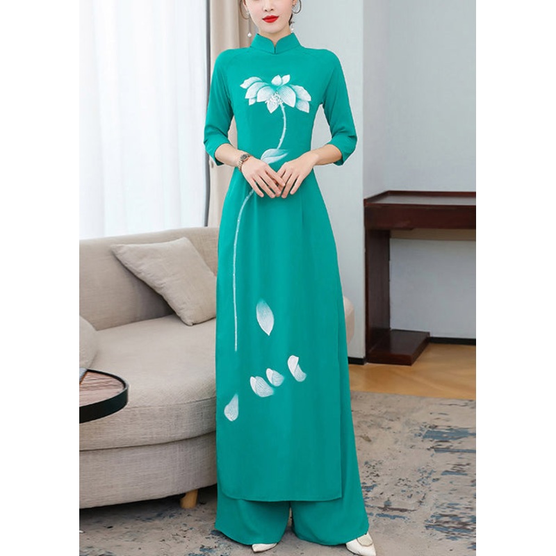 Chinese Style Green Stand Collar Print Patchwork Chiffon Two Pieces Set Fall