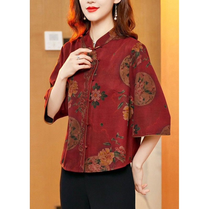 Chinese Style Red Stand Collar Button Silk Two Pieces Set Summer