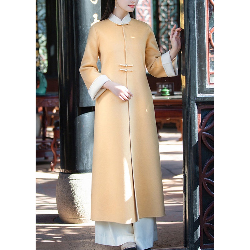 Chinese Style Yellow Stand Collar Pockets Woolen Trench Winter
