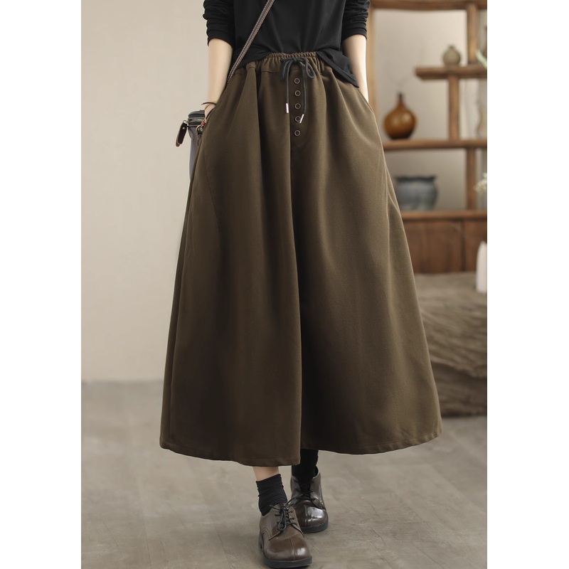 Chocolate Woolen A Line Skirts Elastic Waist Drawstring Spring