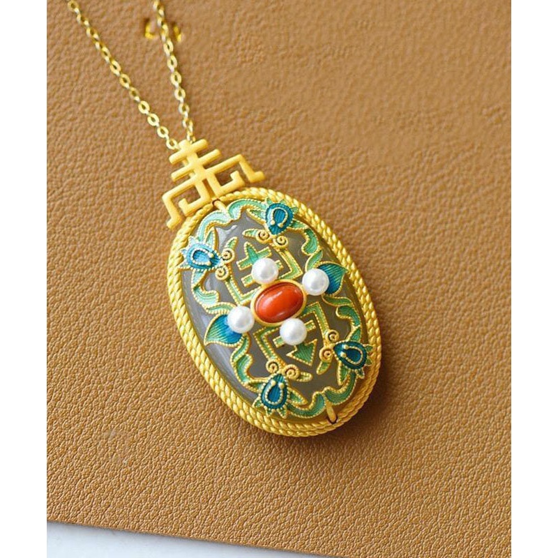 Classy Colorblock Overgild Inlaid Jade Agate Pearl Pendant Necklace
